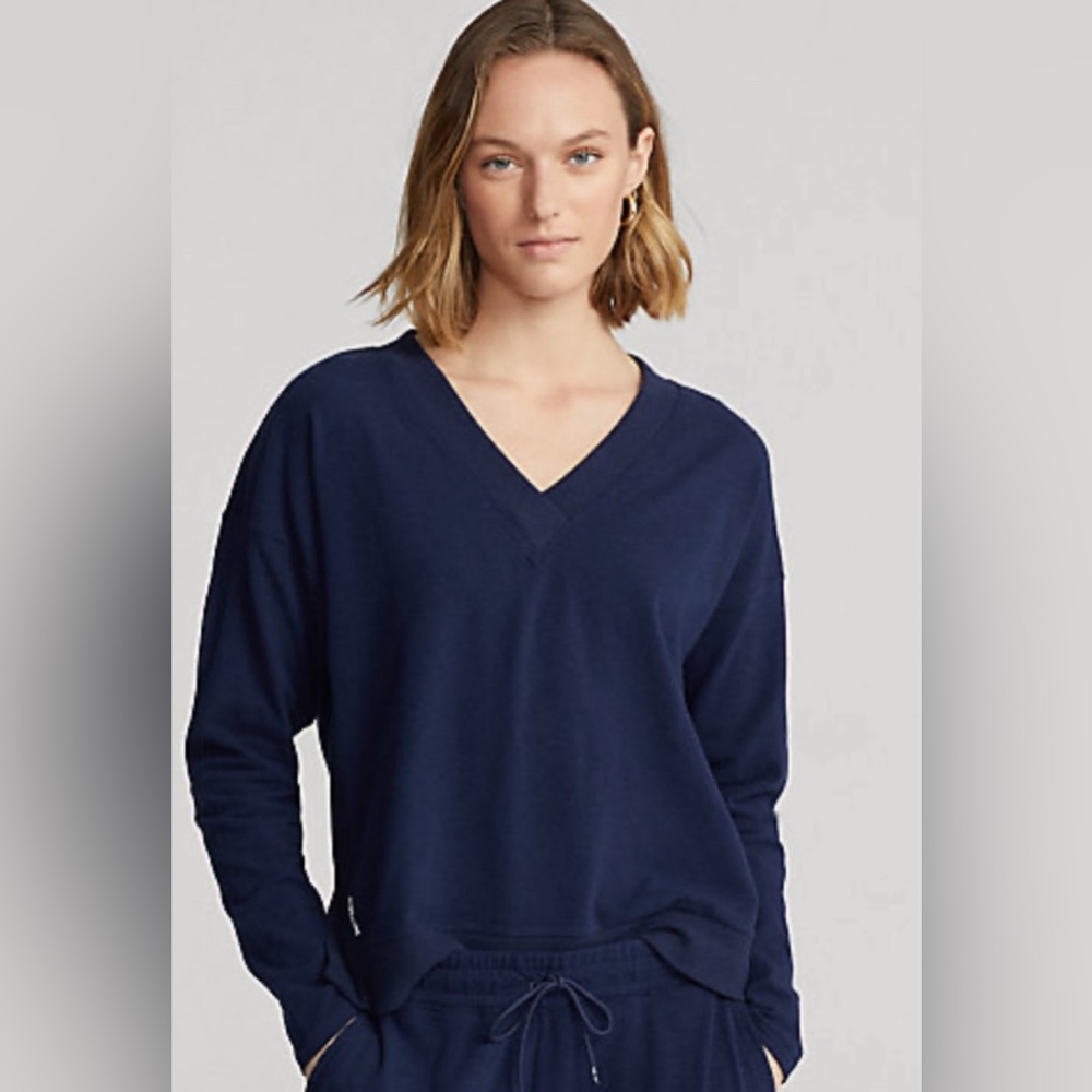 RLX RALPH LAUREN Womens Large Navy Blue V Neck Long Sleeve Golf Pullover Top
